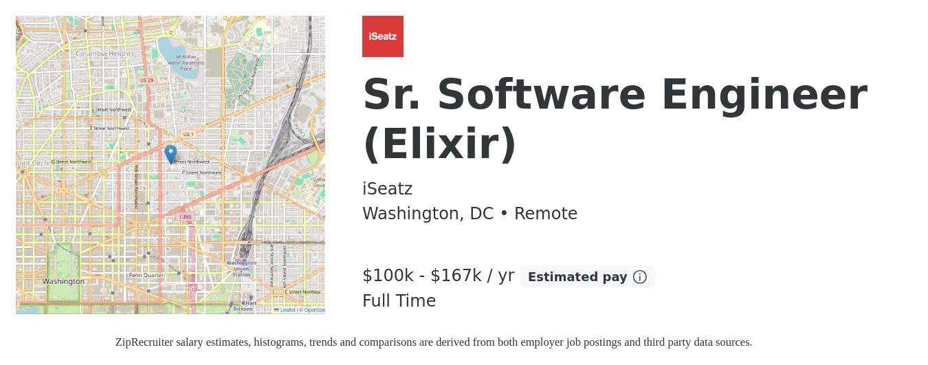 iSeatz job posting for a Sr. Software Engineer (Elixir) in Washington, DC with a salary of $100,000 to $167,000 Yearly with a map of Washington location.