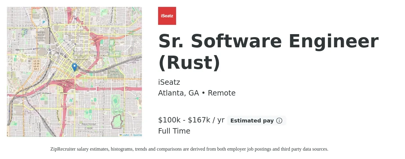 iSeatz job posting for a Sr. Software Engineer (Rust) in Atlanta, GA with a salary of $100,000 to $167,000 Yearly with a map of Atlanta location.