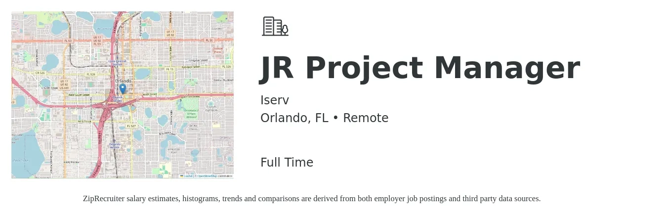 Iserv job posting for a JR Project Manager in Orlando, FL with a salary of $50,400 to $78,400 Yearly with a map of Orlando location.