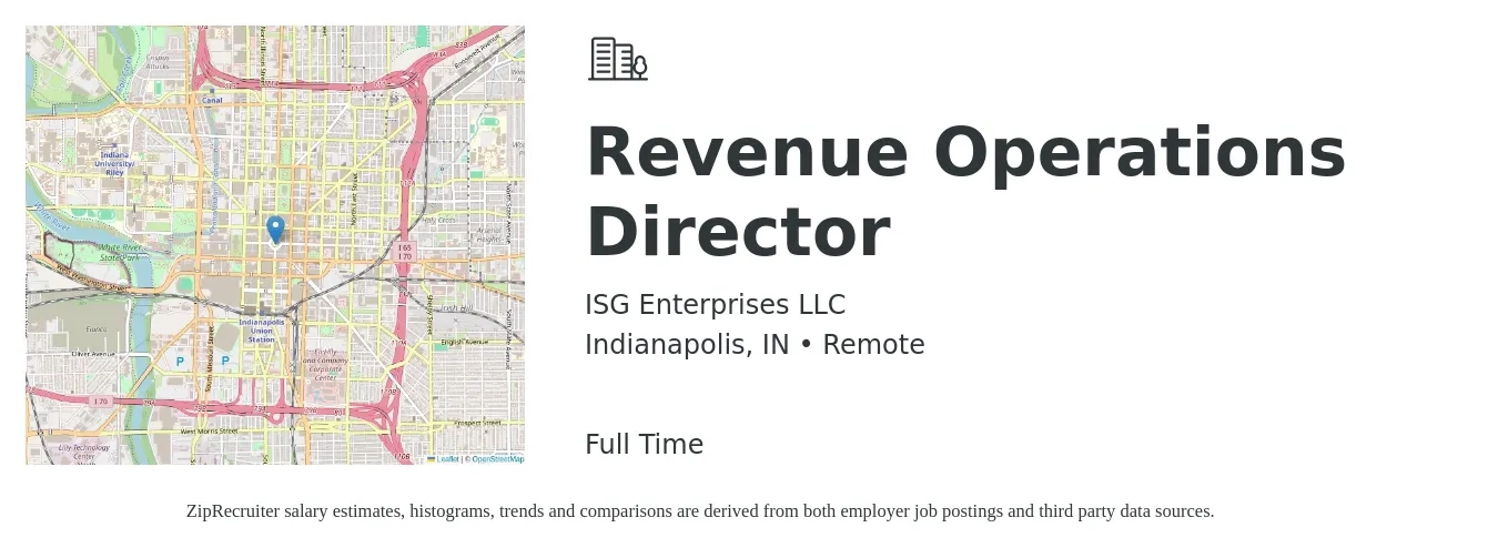 ISG Enterprises LLC job posting for a Revenue Operations Director in Indianapolis, IN with a salary of $72,200 to $129,500 Yearly with a map of Indianapolis location.
