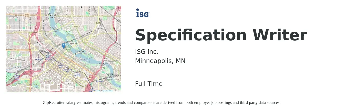 ISG job posting for a Specification Writer in Minneapolis, MN with a salary of $31 to $51 Hourly with a map of Minneapolis location.