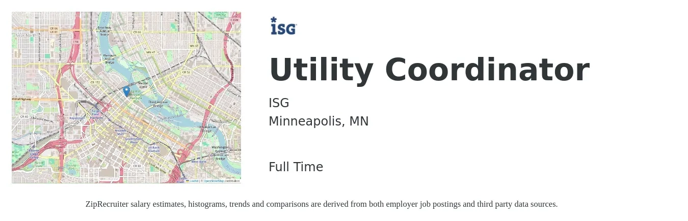 ISG job posting for a Utility Coordinator in Minneapolis, MN with a salary of $21 to $29 Hourly with a map of Minneapolis location.