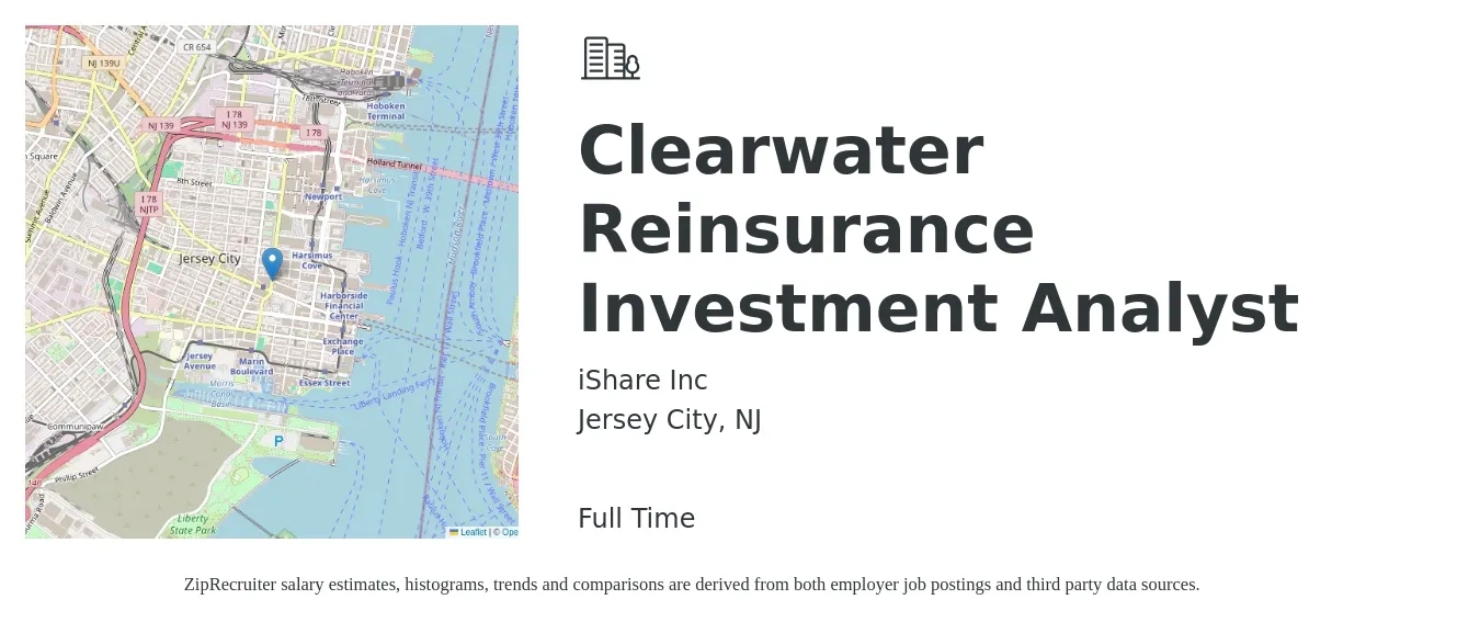 iShare, Inc. job posting for a Clearwater Reinsurance Investment Analyst in Jersey City, NJ with a salary of $56,900 to $82,500 Yearly with a map of Jersey City location.
