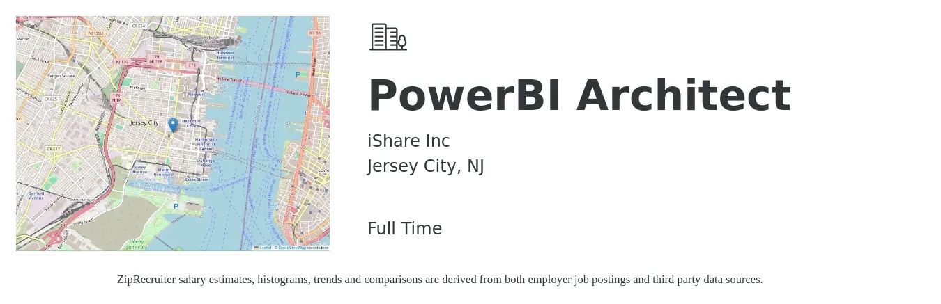 iShare, Inc. job posting for a PowerBI Architect in Jersey City, NJ with a salary of $64 to $86 Hourly with a map of Jersey City location.