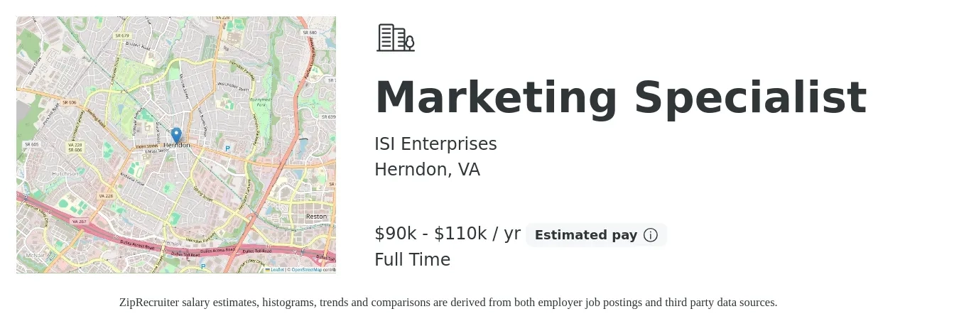 ISI Enterprises job posting for a Marketing Specialist in Herndon, VA with a salary of $90,000 to $110,000 Yearly with a map of Herndon location.