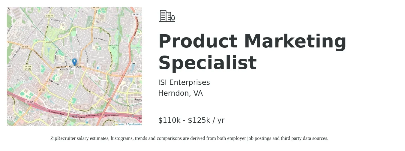 ISI Enterprises job posting for a Product Marketing Specialist in Herndon, VA with a salary of $110,000 to $125,000 Yearly with a map of Herndon location.