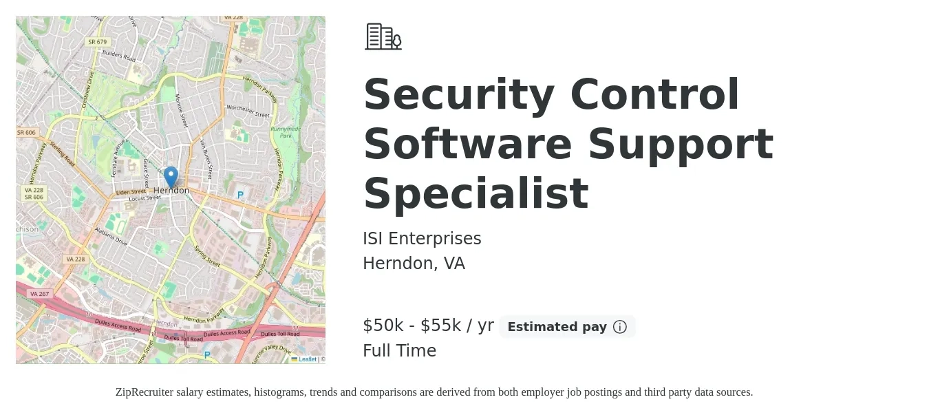 ISI Enterprises job posting for a Security Control Software Support Specialist in Herndon, VA with a salary of $50,000 to $55,000 Yearly with a map of Herndon location.