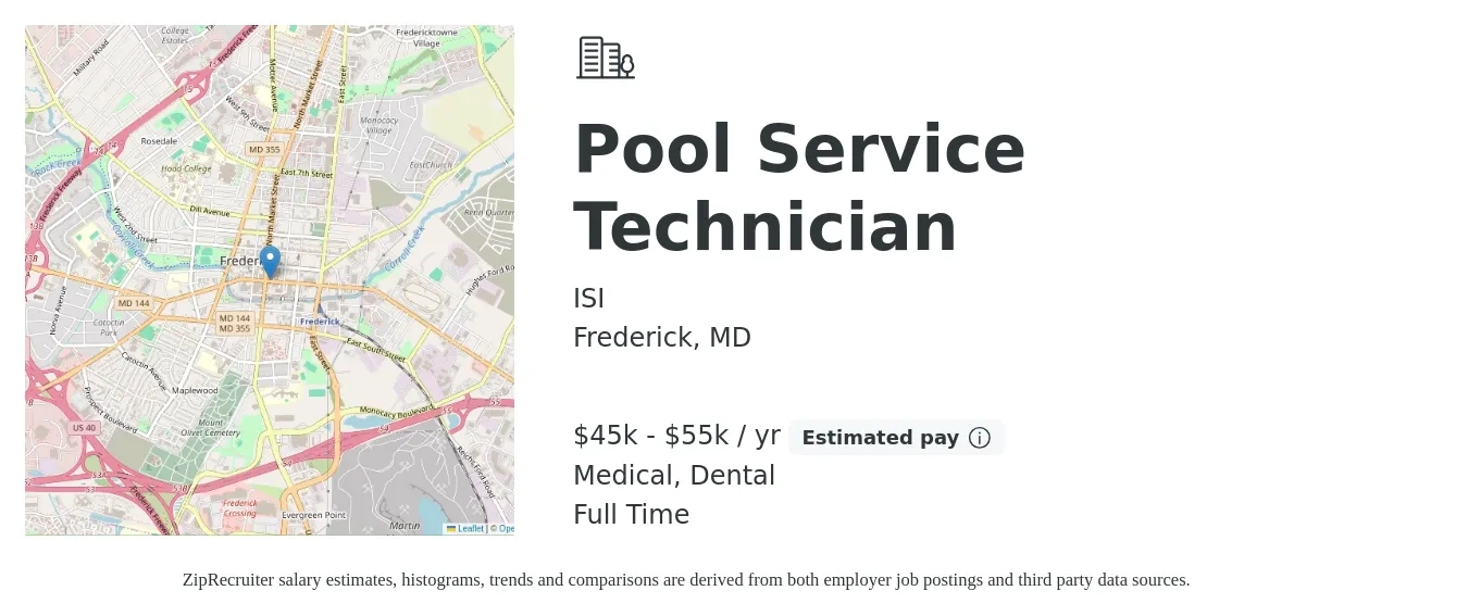 ISI job posting for a Pool Service Technician in Frederick, MD with a salary of $45,000 to $55,000 Yearly and benefits including life_insurance, medical, retirement, and dental with a map of Frederick location.