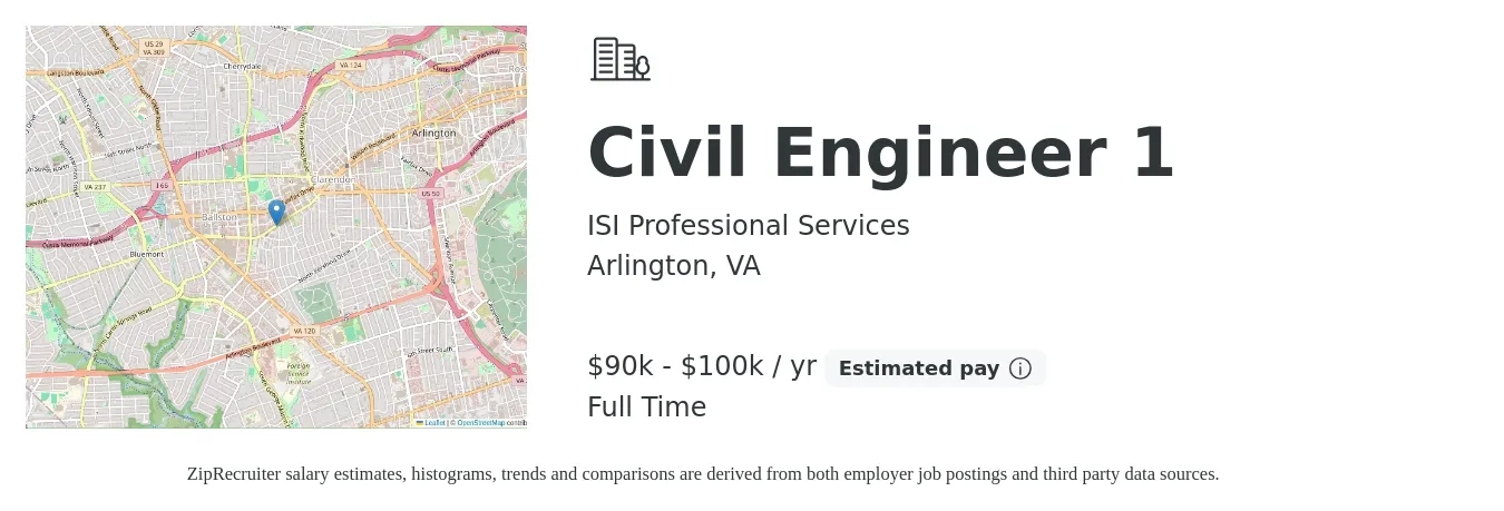 ISI Professional Services job posting for a Civil Engineer 1 in Arlington, VA with a salary of $90,000 to $100,000 Yearly with a map of Arlington location.