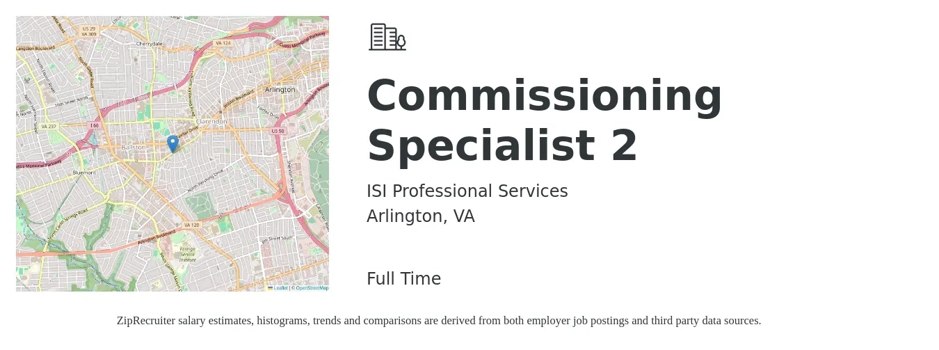 ISI Professional Services job posting for a Commissioning Specialist 2 in Arlington, VA with a salary of $36 to $58 Hourly with a map of Arlington location.