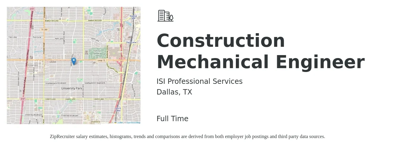 ISI Professional Services job posting for a Construction Mechanical Engineer in Dallas, TX with a map of Dallas location.