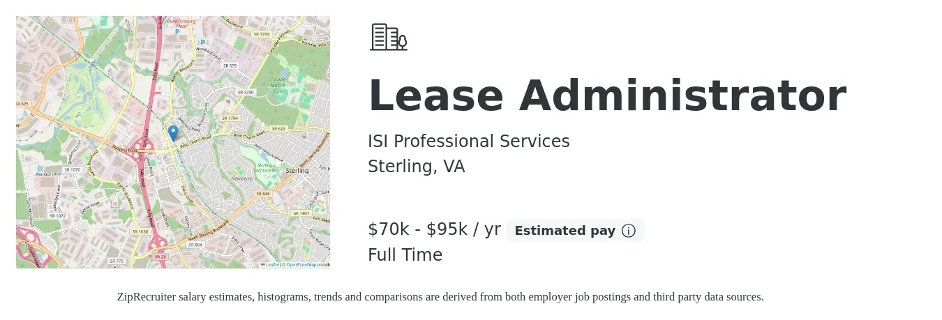 ISI Professional Services job posting for a Lease Administrator in Sterling, VA with a salary of $70,000 to $95,000 Yearly with a map of Sterling location.
