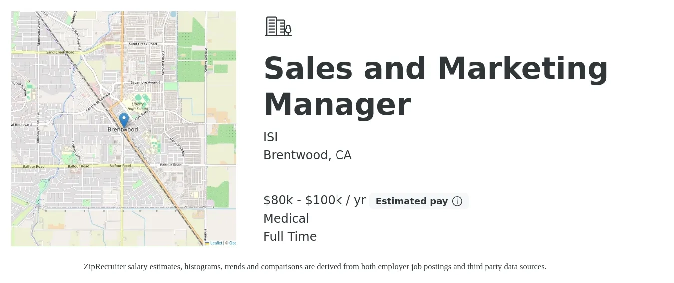 ISI job posting for a Sales and Marketing Manager in Brentwood, CA with a salary of $52,300 to $87,500 Yearly with a map of Brentwood location.