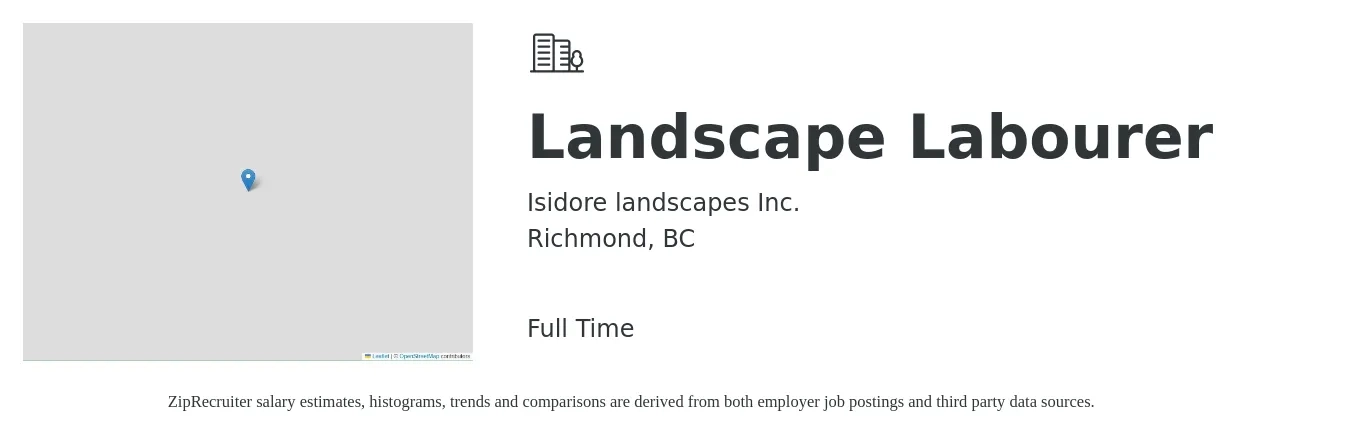 Isidore landscapes Inc. job posting for a Landscape Labourer in Richmond, BC with a salary of $23 to $25 Hourly with a map of Richmond location.