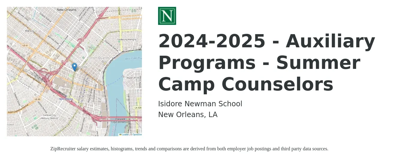 Isidore Newman School job posting for a 2024-2025 - Auxiliary Programs - Summer Camp Counselors in New Orleans, LA with a salary of $14 to $18 Hourly with a map of New Orleans location.