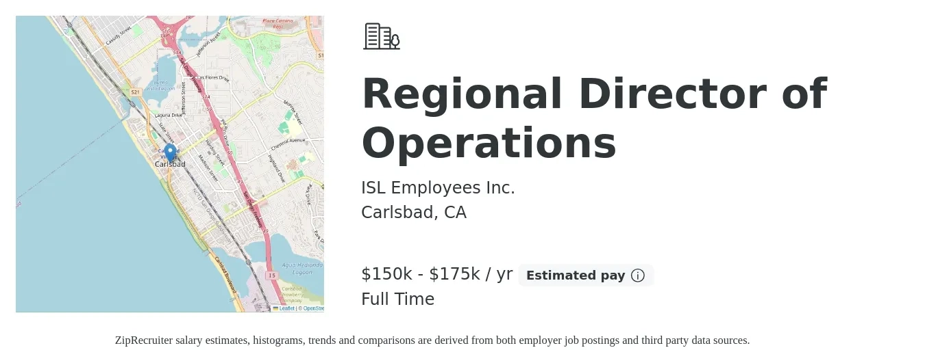 ISL Employees Inc. job posting for a Regional Director of Operations in Carlsbad, CA with a salary of $150,000 to $175,000 Yearly with a map of Carlsbad location.