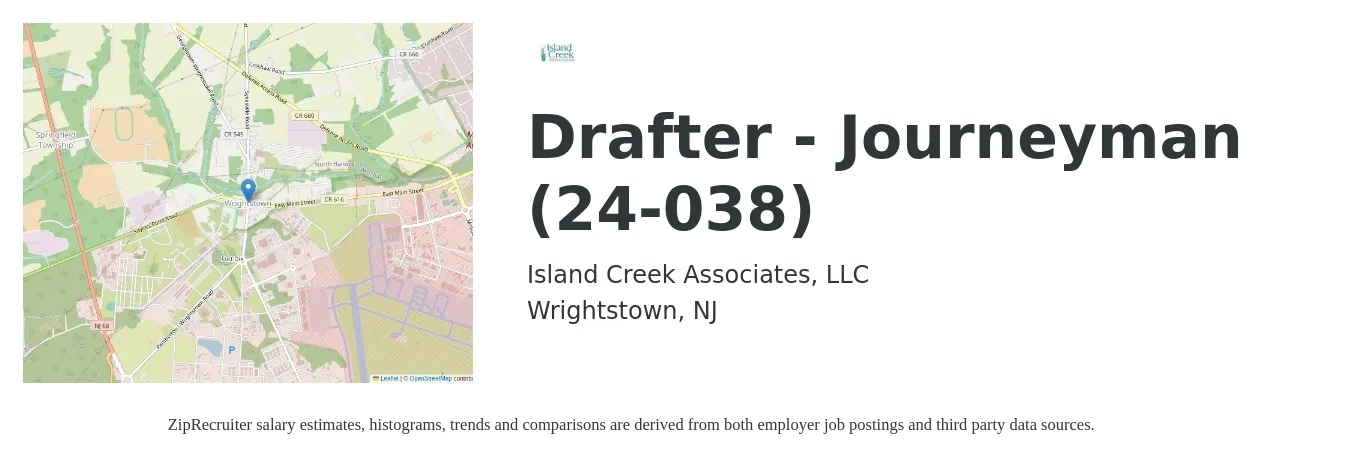 Island Creek Associates, LLC job posting for a Drafter - Journeyman (24-038) in Wrightstown, NJ with a salary of $23 to $33 Hourly with a map of Wrightstown location.