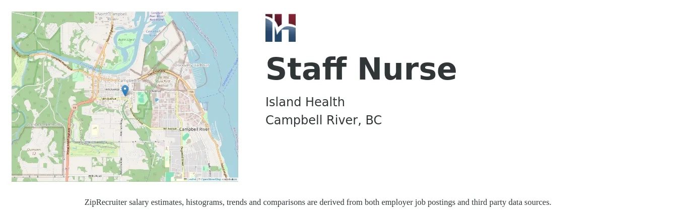 Island Health job posting for a Staff Nurse in Campbell River, BC with a map of Campbell River location.