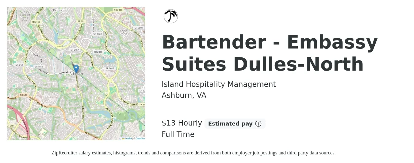 Island Hospitality Management job posting for a Bartender - Embassy Suites Dulles-North in Ashburn, VA with a salary of $14 Hourly with a map of Ashburn location.