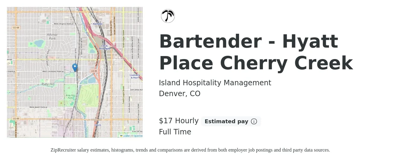 Island Hospitality Management job posting for a Bartender - Hyatt Place Cherry Creek in Denver, CO with a salary of $18 Hourly with a map of Denver location.