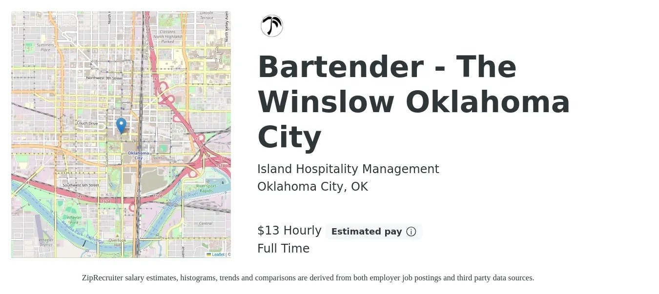Island Hospitality Management job posting for a Bartender - The Winslow Oklahoma City in Oklahoma City, OK with a salary of $14 Hourly with a map of Oklahoma City location.