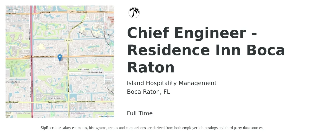 Island Hospitality Management job posting for a Chief Engineer - Residence Inn Boca Raton in Boca Raton, FL with a salary of $54,800 to $111,500 Yearly with a map of Boca Raton location.