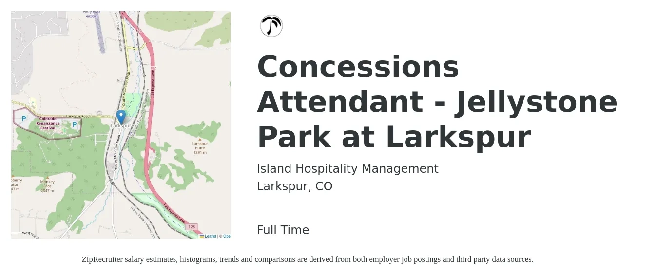 Island Hospitality Management job posting for a Concessions Attendant - Jellystone Park at Larkspur in Larkspur, CO with a salary of $14 to $17 Hourly with a map of Larkspur location.