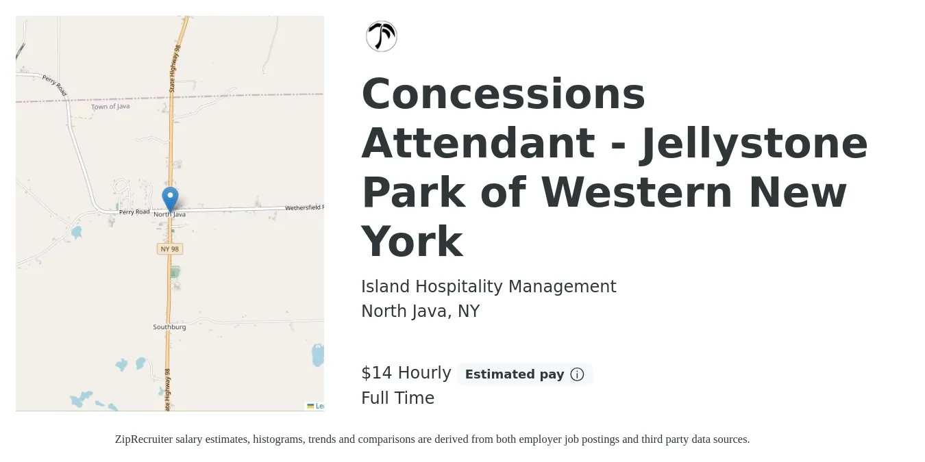 Island Hospitality Management job posting for a Concessions Attendant - Jellystone Park of Western New York in North Java, NY with a salary of $15 Hourly with a map of North Java location.