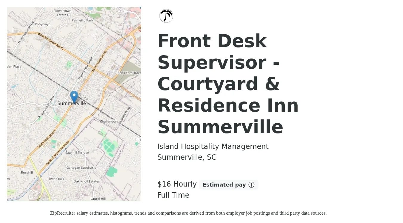 Island Hospitality Management job posting for a Front Desk Supervisor - Courtyard & Residence Inn Summerville in Summerville, SC with a salary of $17 Hourly with a map of Summerville location.