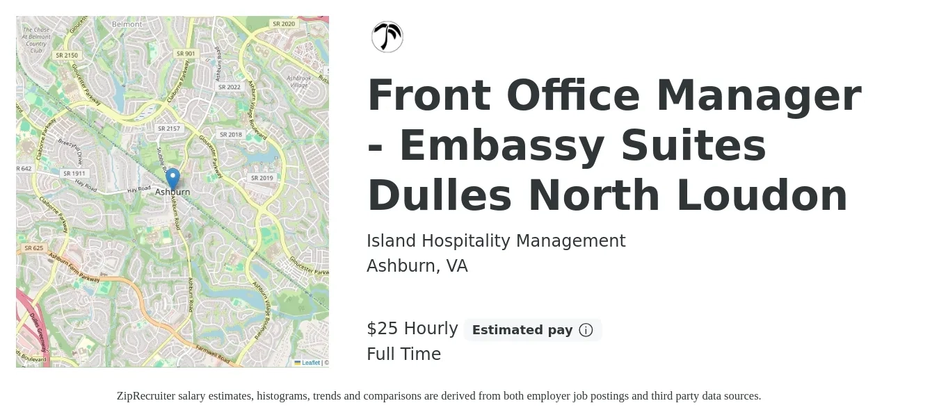 Island Hospitality Management job posting for a Front Office Manager - Embassy Suites Dulles North Loudon in Ashburn, VA with a salary of $26 Hourly with a map of Ashburn location.