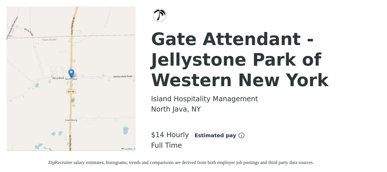 Island Hospitality Management job posting for a Gate Attendant - Jellystone Park of Western New York in North Java, NY with a salary of $15 Hourly with a map of North Java location.