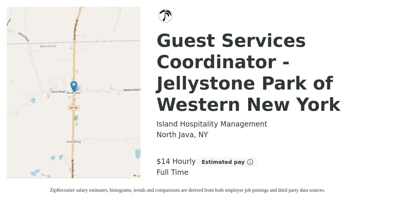 Island Hospitality Management job posting for a Guest Services Coordinator - Jellystone Park of Western New York in North Java, NY with a salary of $15 Hourly with a map of North Java location.