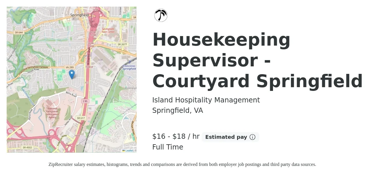 Island Hospitality Management job posting for a Housekeeping Supervisor - Courtyard Springfield in Springfield, VA with a salary of $17 to $19 Hourly with a map of Springfield location.