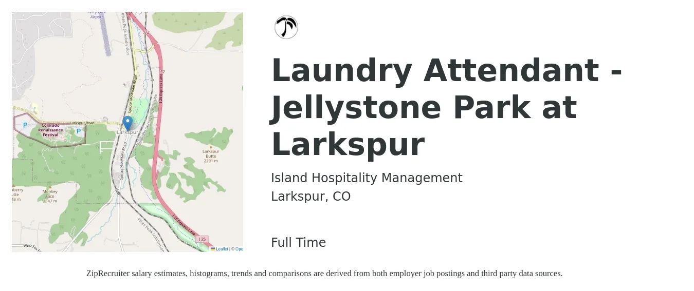 Island Hospitality Management job posting for a Laundry Attendant - Jellystone Park at Larkspur in Larkspur, CO with a salary of $14 to $16 Hourly with a map of Larkspur location.