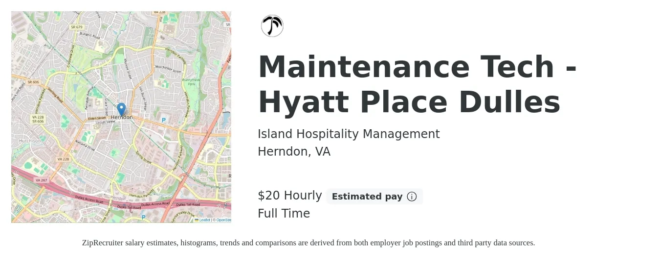 Island Hospitality Management job posting for a Maintenance Tech - Hyatt Place Dulles in Herndon, VA with a salary of $21 Hourly with a map of Herndon location.
