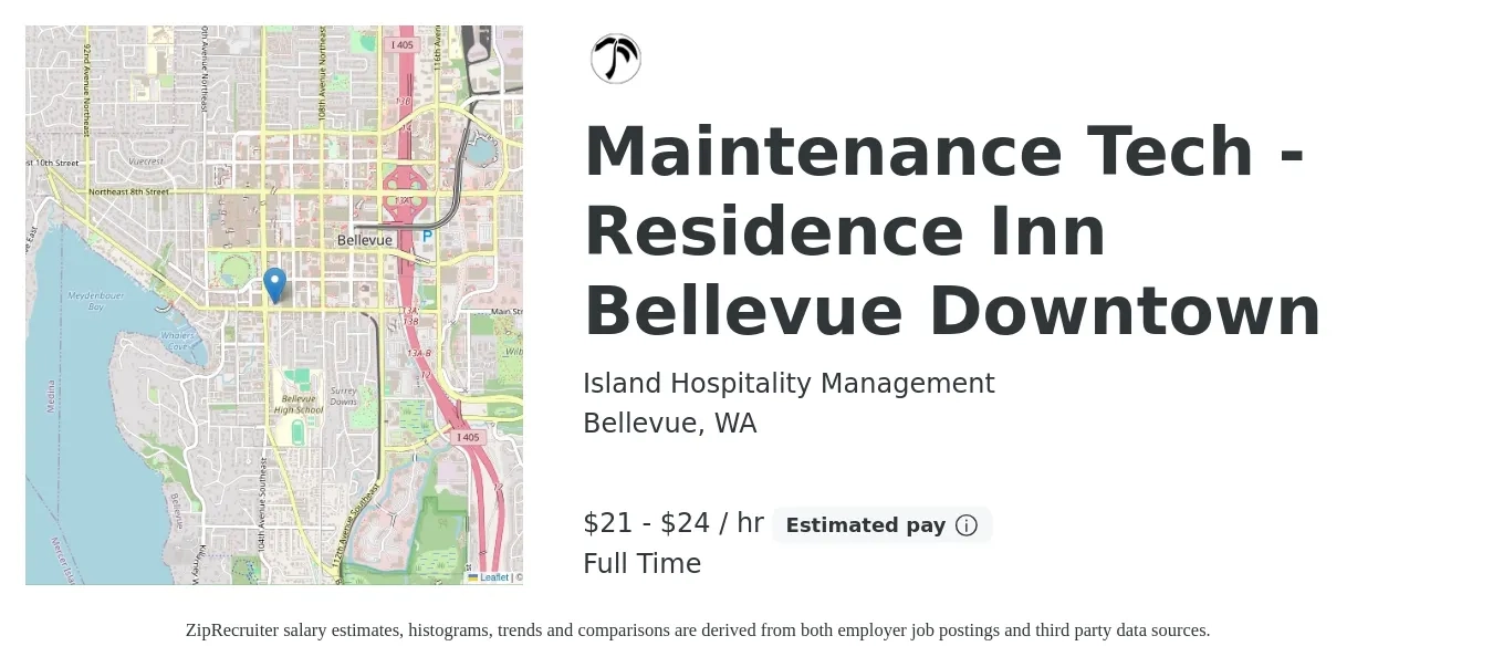 Island Hospitality Management job posting for a Maintenance Tech - Residence Inn Bellevue Downtown in Bellevue, WA with a salary of $22 to $25 Hourly with a map of Bellevue location.