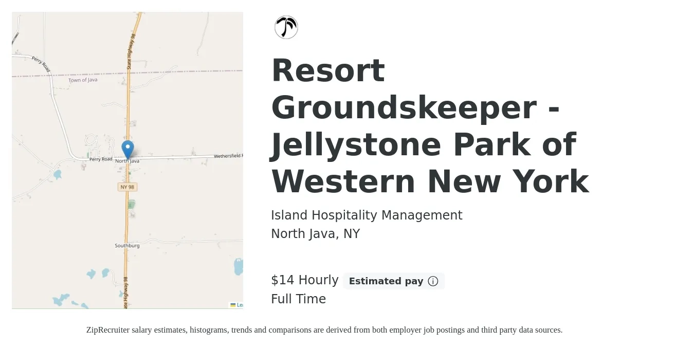 Island Hospitality Management job posting for a Resort Groundskeeper - Jellystone Park of Western New York in North Java, NY with a salary of $15 Hourly with a map of North Java location.
