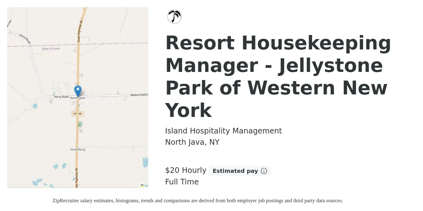 Island Hospitality Management job posting for a Resort Housekeeping Manager - Jellystone Park of Western New York in North Java, NY with a salary of $21 Hourly with a map of North Java location.