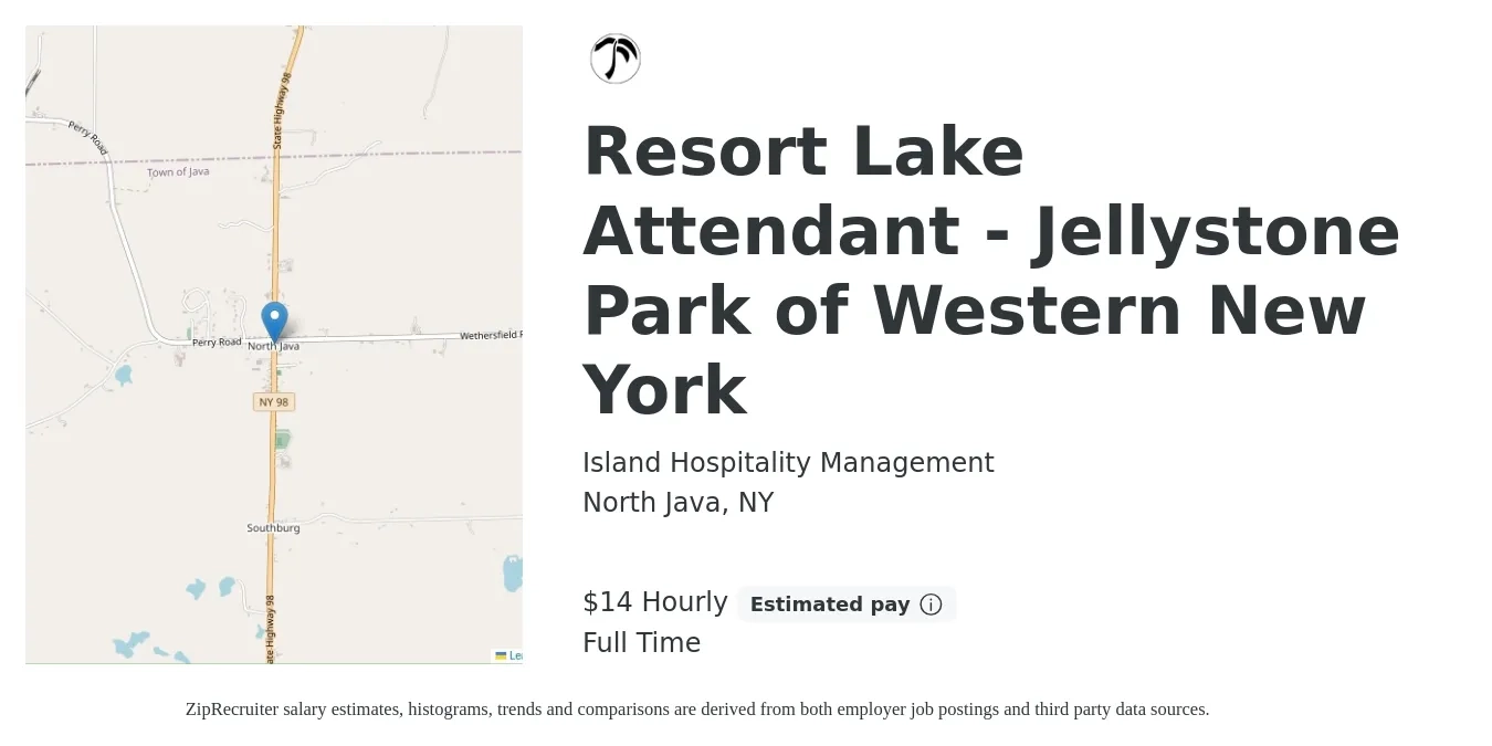 Island Hospitality Management job posting for a Resort Lake Attendant - Jellystone Park of Western New York in North Java, NY with a salary of $15 Hourly with a map of North Java location.