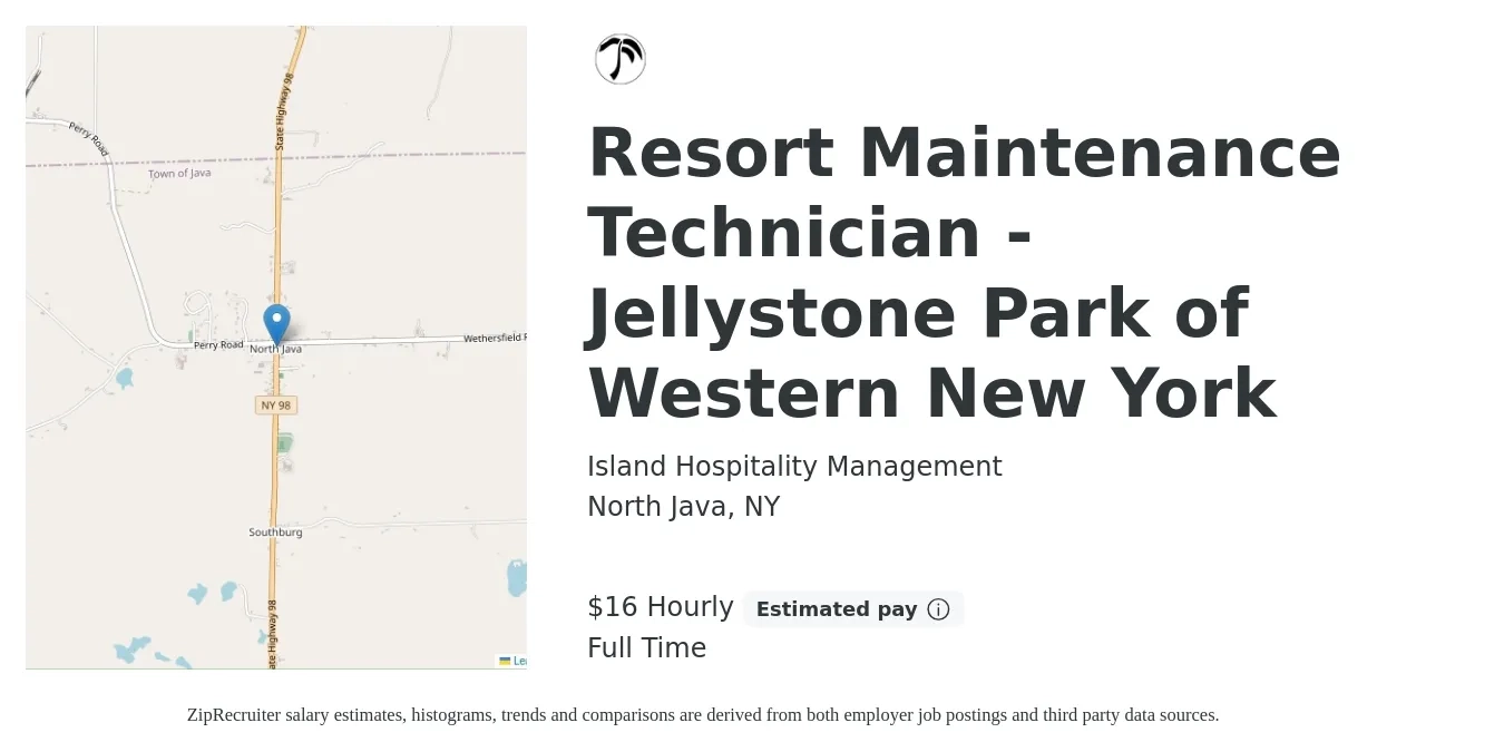 Island Hospitality Management job posting for a Resort Maintenance Technician - Jellystone Park of Western New York in North Java, NY with a salary of $17 Hourly with a map of North Java location.