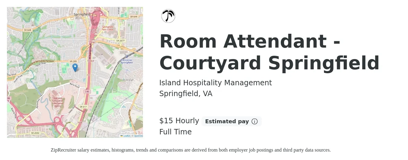 Island Hospitality Management job posting for a Room Attendant - Courtyard Springfield in Springfield, VA with a salary of $16 Hourly with a map of Springfield location.