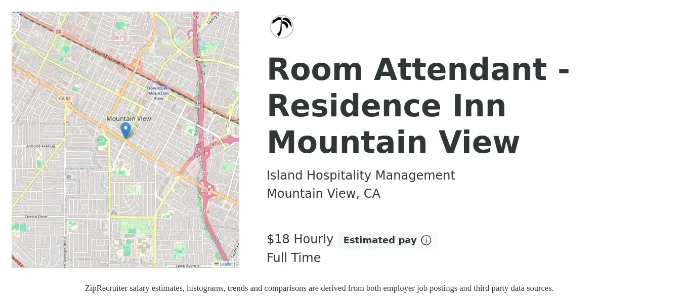 Island Hospitality Management job posting for a Room Attendant - Residence Inn Mountain View in Mountain View, CA with a salary of $19 Hourly with a map of Mountain View location.
