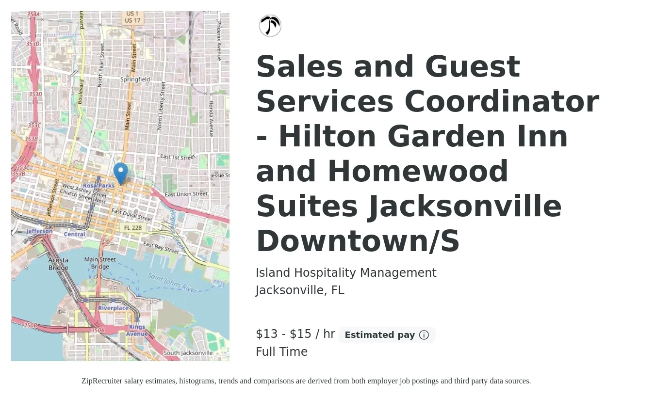 Island Hospitality Management job posting for a Sales and Guest Services Coordinator - Hilton Garden Inn and Homewood Suites Jacksonville Downtown/S in Jacksonville, FL with a salary of $14 to $16 Hourly with a map of Jacksonville location.