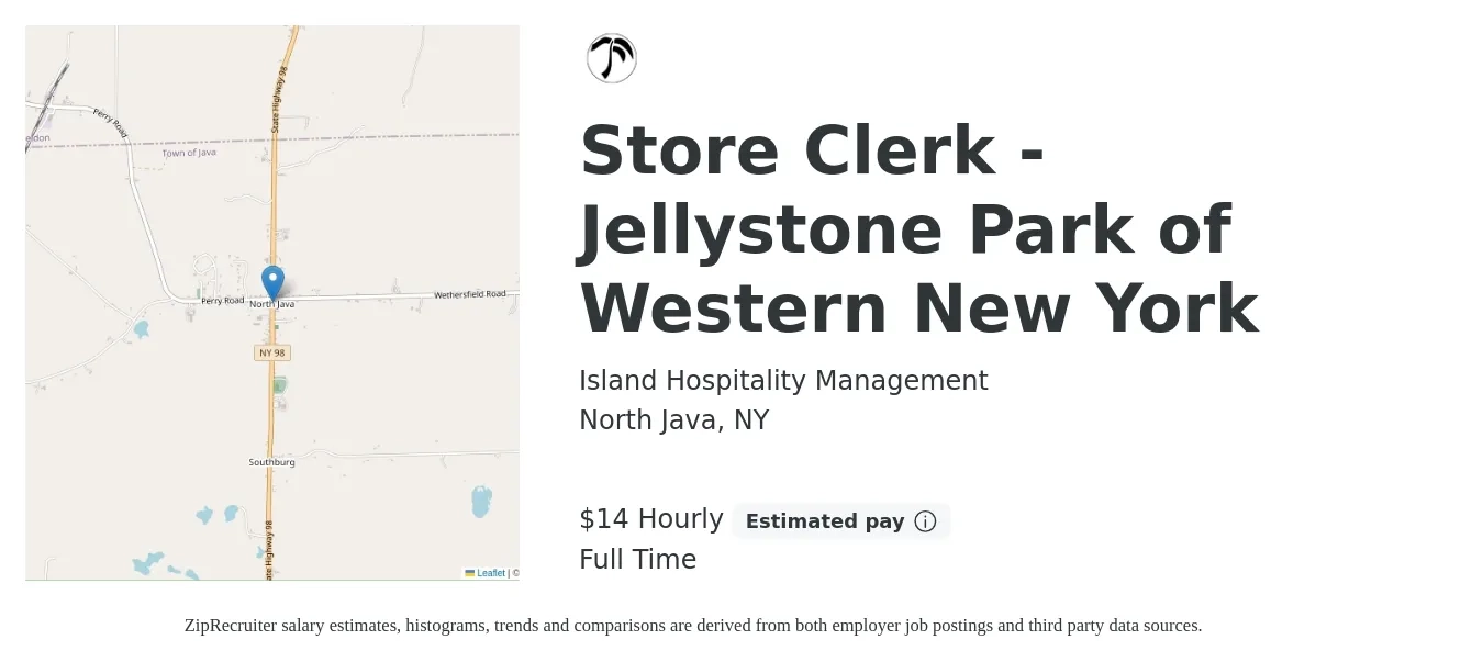 Island Hospitality Management job posting for a Store Clerk - Jellystone Park of Western New York in North Java, NY with a salary of $15 Hourly with a map of North Java location.