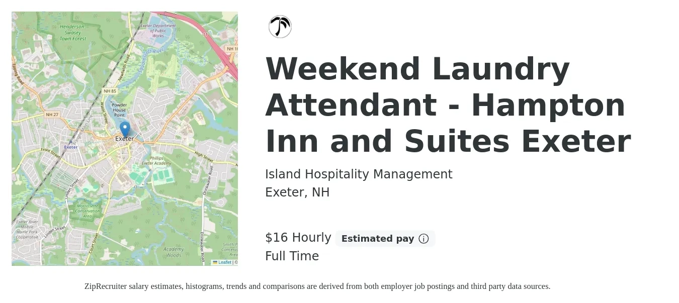 Island Hospitality Management job posting for a Weekend Laundry Attendant - Hampton Inn and Suites Exeter in Exeter, NH with a salary of $17 Hourly with a map of Exeter location.