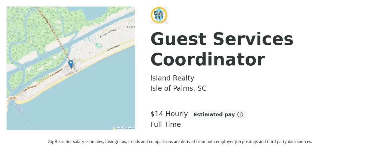 Island Realty job posting for a Guest Services Coordinator in Isle of Palms, SC with a salary of $15 Hourly with a map of Isle of Palms location.