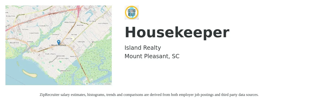 Island Realty job posting for a Housekeeper in Mount Pleasant, SC with a salary of $30 Hourly with a map of Mount Pleasant location.