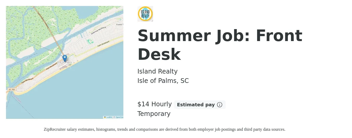 Island Realty job posting for a Summer Job: Front Desk in Isle of Palms, SC with a salary of $15 Hourly with a map of Isle of Palms location.
