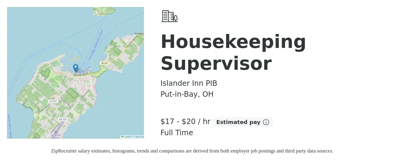 Islander Inn PIB job posting for a Housekeeping Supervisor in Put-in-Bay, OH with a salary of $18 to $21 Hourly with a map of Put-in-Bay location.