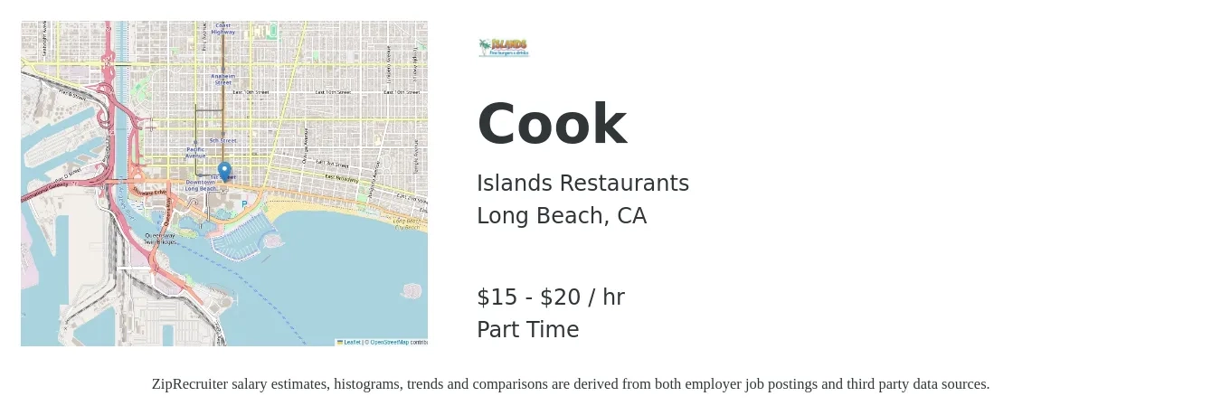 Islands Restaurants job posting for a Cook in Long Beach, CA with a salary of $16 to $21 Hourly with a map of Long Beach location.